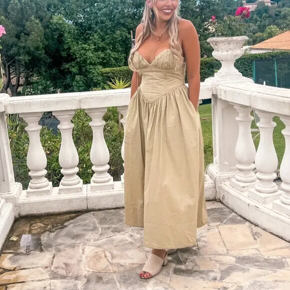 Ronny Kobo Beige Corset Midi Dress MEDIUM Cotton Cottage Sundress Designer $400 - Picture 9 of 15